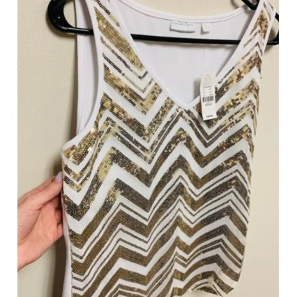 New York & Company, White Tank, Gold Sequin Embellished Chevron, Medium, NWT - Picture 7 of 7